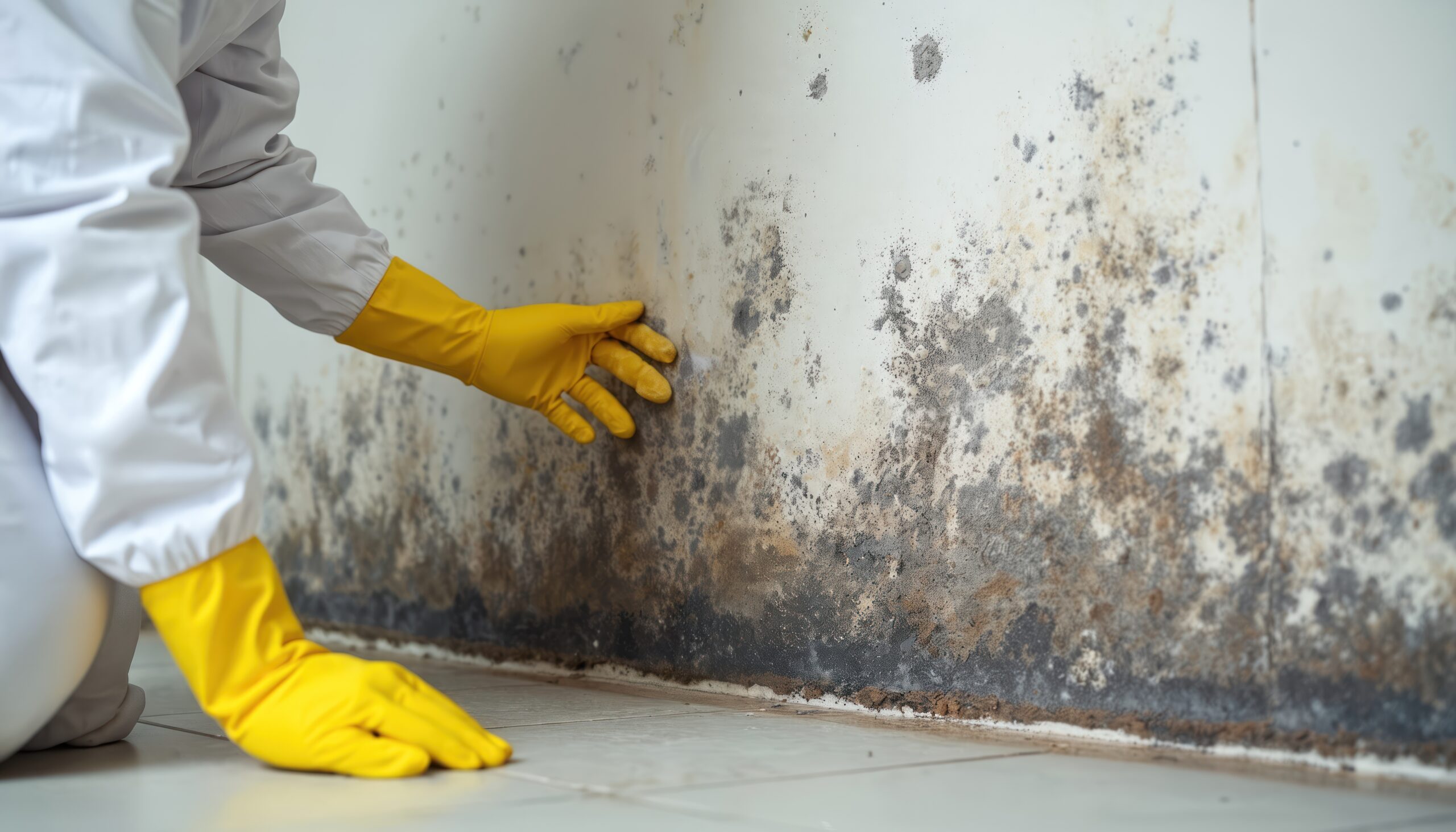 Specialist in protective gear inspects black mold growth on wall, assesses damage. Dampness, moisture, water intrusion risks. Home building property maintenance, fungal contamination cleanup repair.