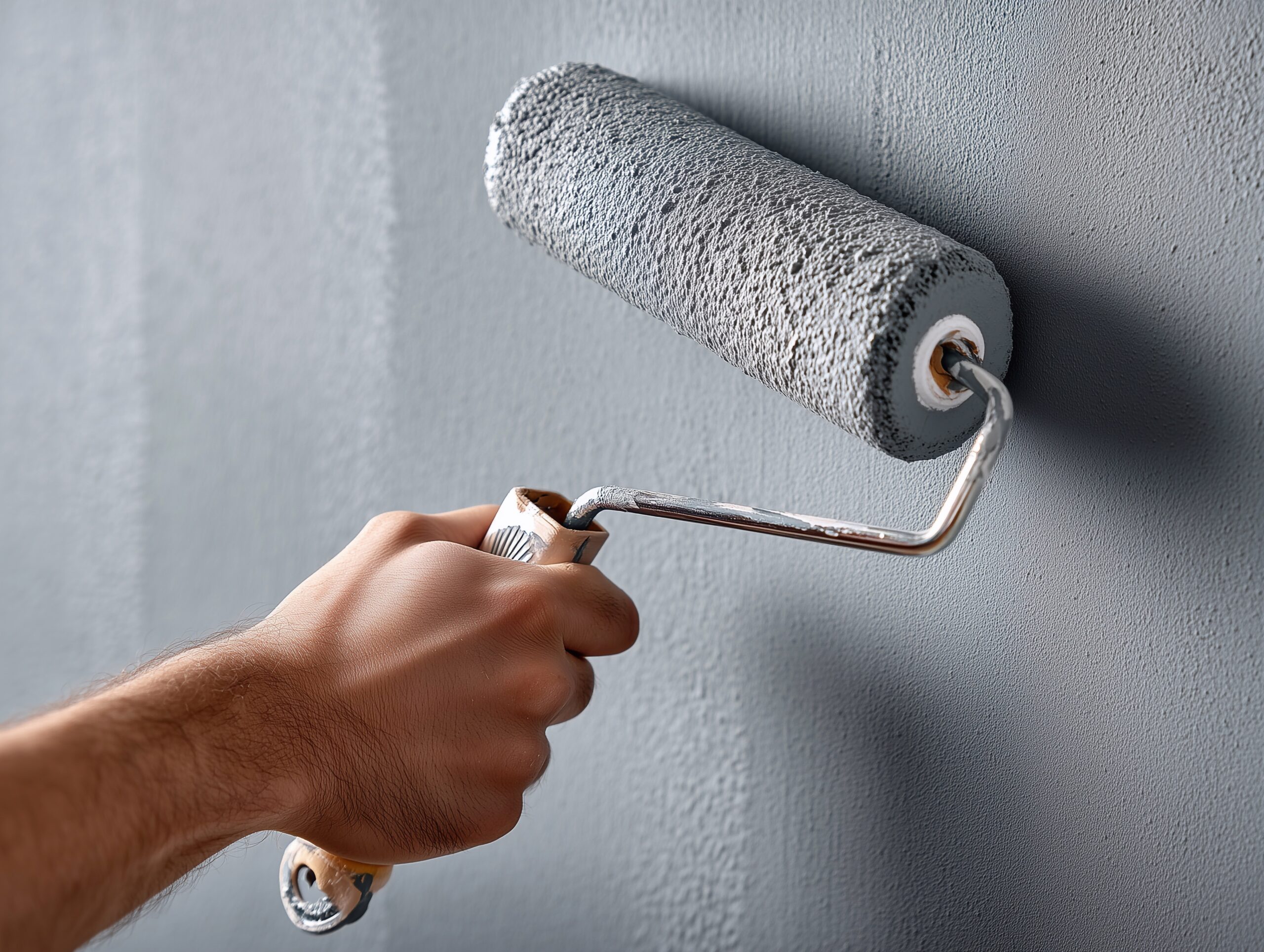 A painter paints the walls with a roller on a handle in gray color in large